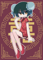 Rule 34 | 1girl, blue hair, blue ribbon, bun cover, china dress, chinese clothes, closed mouth, dark blue hair, double bun, dress, flat chest, floral print, full body, hair between eyes, hair bun, hand up, high heels, kanikan, looking at viewer, no shoes, orange eyes, original, outline, print dress, red background, red dress, red footwear, ribbon, short sleeves, side slit, sitting, smile, solo, stiletto heels, white outline