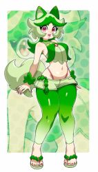 Rule 34 | 1girl, animal ears, bare shoulders, breasts, cat ears, cat tail, commentary, creatures (company), crop top, english commentary, game freak, green hair, green pantyhose, green shirt, green shorts, highres, pantyhose under shorts, long hair, medium breasts, midriff, nail polish, navel, nintendo, open mouth, pantyhose, paperrose, personification, pokemon, purple nails, red eyes, sandals, scrunchie, shirt, shorts, sleeveless, sleeveless shirt, smile, solo, sprigatito, tail, thick thighs, thighs, wrist scrunchie
