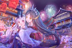 Rule 34 | 4girls, aerial fireworks, animal, architecture, bare shoulders, black hair, blurry, blurry foreground, blush, brown eyes, commentary request, depth of field, double bun, east asian architecture, fireworks, floral print, flower, hair bun, hair ornament, highres, horns, japanese clothes, kimono, lantern, long hair, long sleeves, multiple girls, night, night sky, nose blush, obi, off shoulder, oni, oni horns, open mouth, original, outdoors, paper lantern, parted bangs, peas (peas0125), pink flower, print kimono, purple kimono, red eyes, sash, short eyebrows, sky, sleeves past wrists, snake, snake hair, thick eyebrows, tiara, very long hair, white flower, wide sleeves
