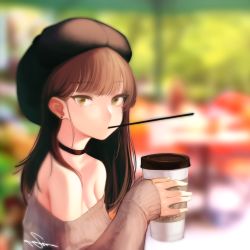 Rule 34 | 1girl, bare shoulders, beret, black choker, black hat, blurry, blurry background, brown eyes, brown hair, brown sweater, choker, coffee cup, commentary, cup, depth of field, dev (dev0614), disposable cup, earrings, hat, highres, holding, holding cup, jewelry, long hair, long sleeves, looking at viewer, mouth hold, off-shoulder sweater, off shoulder, original, signature, sleeves past wrists, solo, stud earrings, sweater, upper body