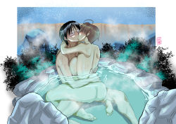 Rule 34 | 1boy, 1girl, aarokira, absurdres, alternate breast size, ass, black hair, blush, breasts, brown hair, completely nude, closed eyes, glasses, highres, hug, huge breasts, kiss, konno mitsune, love hina, nude, onsen, outdoors, partially submerged, sex, short hair, steam, straddling, upright straddle, urashima keitarou, wet
