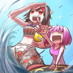 Rule 34 | :d, alternate hair color, alternate hairstyle, blunt bangs, closed eyes, covering face, day, grey horns, highres, horns, kijin seija, laughing, no pupils, ocean, one-piece swimsuit, open mouth, peroponesosu., pink hair, pointing, sky, smile, sparkle, sukuna shinmyoumaru, sunlight, surfing, swimsuit, touhou, waves