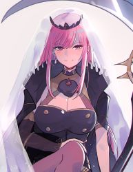 Rule 34 | 1girl, black dress, black nails, breasts, cleavage, cleavage cutout, clothing cutout, commentary, detached sleeves, dress, english commentary, hair behind ear, hand on own stomach, highres, holding, holding scythe, hololive, hololive english, kokomi (aniesuakkaman), large breasts, mori calliope, nail polish, pantyhose, pink eyes, pink hair, scythe, single detached sleeve, smile, solo, tiara, veil, virtual youtuber