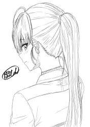 Rule 34 | 1girl, ahoge, blush, closed mouth, dolla (nikke), earrings, formal, from behind, goddess of victory: nikke, greyscale, highres, hormone nikke, jewelry, long hair, looking at viewer, mole, mole under eye, monochrome, ponytail, signature, smile, solo, suit