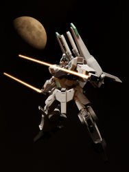 Rule 34 | 3d, absurdres, beam saber, blender (medium), commentary, dual wielding, english commentary, glowing, glowing eyes, gundam, gundam sentinel, highres, holding, machinery, mecha, mjeff, mobile suit, moon, no humans, realistic, robot, science fiction, silver bullet (mobile suit), space, yellow eyes, zero gravity