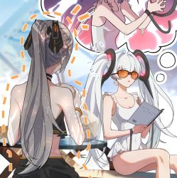 Rule 34 | 2girls, book, drinking straw, drinking straw in mouth, floating, floating object, glasses, grey hair, hair ornament, holding, holding book, lcaomei, long hair, luna (punishing: gray raven), multiple girls, nanami: pulse (punishing: gray raven), nanami (punishing: gray raven), one-piece swimsuit, ponytail, punishing: gray raven, sitting, swimsuit, thought bubble, twintails, very long hair, white one-piece swimsuit