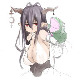 Rule 34 | 10s, 1girl, antenna hair, black gloves, breasts, cleavage, crescent, danua, draph, dress, female focus, finger in own mouth, fingerless gloves, frog, gloves, granblue fantasy, hair between eyes, hand puppet, horn ornament, horns, large breasts, long hair, masamuuu, pointy ears, puppet, purple hair, simple background, solo, thumb sucking, white background, white dress