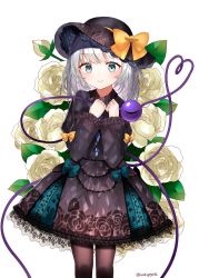Rule 34 | 1girl, alternate costume, black hat, black shirt, black thighhighs, blush, closed mouth, commentary request, flower, frilled sleeves, frills, gothic lolita, grey eyes, hat, hat ribbon, heart, heart of string, komeiji koishi, lace, lace-trimmed headwear, lace-trimmed skirt, lace trim, lolita fashion, long sleeves, looking at viewer, medium hair, ribbon, rose, sakizaki saki-p, shirt, silver hair, simple background, skirt, smile, solo, string, thighhighs, third eye, touhou, white background, white flower, white rose, yellow ribbon