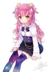 Rule 34 | 1girl, black skirt, bow, bowtie, crescent, crescent hair ornament, eyebrows, fang, frilled skirt, frilled sleeves, frills, fushimi sameta, gem (symbol), hair ornament, long hair, long sleeves, looking at viewer, open mouth, original, pink hair, pleated skirt, purple bow, purple bowtie, signature, simple background, sitting, skirt, solo, sparkle, star (symbol), star hair ornament, thighhighs, two side up, white background, yellow eyes, zettai ryouiki