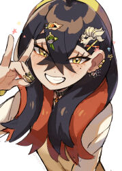 1girl black_choker black_hair blush carmine_(pokemon) choker creatures_(company) crossed_bangs ear_piercing eyelashes fox_shadow_puppet game_freak gen_1_pokemon gen_3_pokemon gen_5_pokemon gen_7_pokemon gen_8_pokemon grin hair_between_eyes hair_ornament hairband hairclip highres long_hair looking_at_viewer matsuda_(0yx38755230263c) mightyena mole mole_under_eye morpeko morpeko_(full) multicolored_hair nail_art nail_polish ninetales nintendo piercing pokemon pokemon_sv red_hair scrafty simple_background sinistcha smile solo star_(symbol) swadloon toucannon upper_body white_background yellow_eyes yellow_hairband