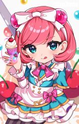 Rule 34 | 1girl, :q, annie (league of legends), apron, blouse, blue eyes, blue shirt, blush, bob cut, bow, bowtie, buttons, cafe cuties annie, character request, cherry, cupcake, double-breasted, food, fruit, hair bow, highres, holding, inuyama nanami, league of legends, looking at viewer, medium hair, pantyhose, pink bow, pink bowtie, shirt, smile, solo, striped clothes, striped pantyhose, tongue, tongue out, waist apron, white apron, white bow