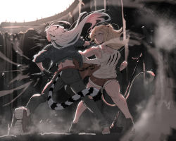 Rule 34 | 2girls, animal ears, arknights, armpits, ass, axe, back, bare shoulders, black gloves, blonde hair, breasts, cleavage, clenched hand, gloves, highres, indra (arknights), lion ears, lion girl, lion tail, long hair, lownd, midriff, multiple girls, shorts, siege (arknights), sweat, tail, tank top, tiger ears, tiger girl, tiger tail, white hair