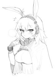 Rule 34 | 1girl, ^^^, absurdres, animal ears, april (arknights), april (faraway gaze) (arknights), arknights, blush, bracelet, breasts, cape, fingerless gloves, gloves, greyscale, headphones, highres, infection monitor (arknights), jewelry, large breasts, looking at viewer, mask pull, monochrome, notice lines, official alternate costume, parted lips, rabbit ears, ritomasu, short hair, simple background, solo, white background