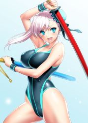 Rule 34 | 1girl, arm up, armpits, asymmetrical hair, bare shoulders, black one-piece swimsuit, black ribbon, blue background, blue eyes, blue one-piece swimsuit, blush, breasts, bun cover, cleavage, collarbone, commentary request, competition swimsuit, covered navel, cowboy shot, dual wielding, fate/grand order, fate (series), fighting stance, gradient background, hair bun, hair ornament, hair ribbon, highleg, highleg swimsuit, holding, large breasts, long hair, looking at viewer, miyamoto musashi (fate), miyamoto musashi (swimsuit berserker) (first ascension) (fate), one-piece swimsuit, one eye closed, open mouth, pink hair, ribbon, side ponytail, single hair bun, smile, solo, swept bangs, swimsuit, sword, teeth, toy sword, two-tone swimsuit, weapon, wristband, zen