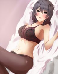 Rule 34 | 1girl, bed sheet, black bra, black hair, bra, breasts, brown pantyhose, cleavage, commentary request, dars (recolors), dutch angle, feet out of frame, from side, gradient hair, grey eyes, hair between eyes, hands up, knees up, large breasts, legs together, looking at viewer, lying, medium hair, multicolored hair, navel, on back, open mouth, pantyhose, purple bra, purple hair, sideways, smile, solo, two-tone bra, two-tone hair, underwear, yahari ore no seishun lovecome wa machigatteiru., yukinoshita haruno