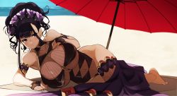 Rule 34 | absurdres, beach, black hair, black one-piece swimsuit, breasts, covered navel, fate/grand order, fate (series), gloves, gold trim, half gloves, hand on own chest, highres, huge breasts, long hair, lying, murasaki shikibu (fate), murasaki shikibu (swimsuit rider) (fate), murasaki shikibu (swimsuit rider) (first ascension) (fate), naze, ocean, on side, one-piece swimsuit, parasol, sarong, swimsuit, thighs, umbrella