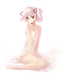 Rule 34 | barefoot, chemise, feet, flat chest, hair ribbon, kawata hisashi, lingerie, negligee, nightgown, panties, pink hair, red eyes, ribbon, short twintails, sitting, soles, solo, twintails, underwear, white panties