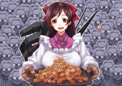 Rule 34 | 10s, 6+girls, :d, ahoge, apron, bad id, bad pixiv id, blush, bow, breasts, brown hair, cookie, cookie clicker, crossover, food, glasses, grandma (cookie clicker), hair bow, hair ornament, hair ribbon, hairclip, kantai collection, kappougi, large breasts, long hair, looking at viewer, mamiya (kancolle), matsuryuu, multiple girls, open mouth, oven mitts, personification, red eyes, ribbon, smile, solo focus, tray