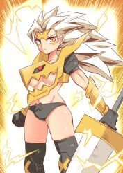 Rule 34 | 1girl, aura, bikini, black bikini, black gloves, black thighhighs, breasts, closed mouth, commentary, cougar (cougar1404), cowboy shot, dragon: marked for death, electricity, facial mark, frown, gauntlets, gloves, holding, holding sword, holding weapon, long hair, looking at viewer, medium breasts, pointy hair, solo, standing, super saiyan, super saiyan 3, swimsuit, sword, thighhighs, warrior (dmfd), weapon, white hair, yellow eyes