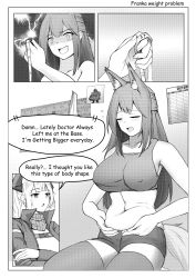 Rule 34 | 1other, 2girls, absurdres, animal ears, arknights, ass, breasts, commentary, doctor (arknights), dragon girl, dragon horns, dragon tail, english commentary, english text, fox ears, fox girl, fox tail, franka (arknights), greyscale, highres, horns, krirk, large breasts, liskarm (arknights), meme, monochrome, multiple girls, navel, plump, scarf, shorts, tail, thighhighs