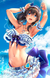 Rule 34 | 1girl, :d, aqua nails, arm garter, armpits, arms up, bare shoulders, belt, black hair, blue eyes, blue panties, blue ribbon, blue sky, blush, breasts, chain, chain necklace, cleavage, cloud, collarbone, commentary request, cowboy shot, day, groin, hair between eyes, hair ornament, hair ribbon, hairband, heart, heart necklace, highleg, highleg panties, highres, idolmaster, idolmaster cinderella girls, idolmaster cinderella girls starlight stage, jewelry, large breasts, layered skirt, long hair, looking at viewer, miniskirt, nail polish, navel, necklace, nohito, open mouth, outdoors, panties, ribbon, sagisawa fumika, sidelocks, skindentation, skirt, sky, smile, solo, star (symbol), star hair ornament, stomach, toned, underwear, wavy hair, white skirt