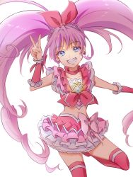 Rule 34 | 1girl, blue eyes, commentary request, cure melody, earrings, eyelashes, fpminnie1, frilled shirt, frilled skirt, frills, hair ornament, happy, heart, heart earrings, highres, houjou hibiki, jewelry, long hair, looking at viewer, magical girl, midriff, pink hair, pink shirt, pink skirt, pink theme, pink thighhighs, precure, shirt, simple background, sketch, skirt, smile, solo, suite precure, thighhighs, thighs, twintails, v, white background, wrist cuffs