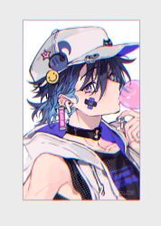 Rule 34 | 1boy, airpods, baseball cap, black choker, black shirt, blue eyes, blue hair, chewing gum, choker, chromatic aberration, crossed bandaids, hat, hood, hood down, hooded vest, hoodie, looking at viewer, male focus, nijisanji, nijisanji en, sapphire (nine), shirt, solo, tag earrings, vest, virtual youtuber, white hat, white vest, wireless earphones, yugo asuma, yuguy (yugo asuma)