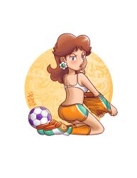 Rule 34 | 1girl, ass, ball, blue eyes, blush, bra, breasts, brown hair, earrings, flower earrings, jewelry, looking at viewer, looking back, mario (series), medium breasts, nintendo, open mouth, princess daisy, unworn shirt, shorts, soccer ball, super mario strikers, thebourgyman, tomboy, underwear, undressing