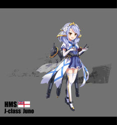 Rule 34 | 1girl, absurdres, blue hair, brown eyes, cat&#039;s cradle, character name, elbow gloves, english text, gloves, highres, hms juno (zhan jian shao nyu), juno (warship girls r), letterboxed, official art, photo background, pleated skirt, royal navy, sirills, skirt, solo, thighhighs, warship girls r, white gloves, zettai ryouiki, zhan jian shaonu