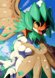 Rule 34 | bird, cloud, commentary request, creatures (company), day, decidueye, game freak, gen 7 pokemon, highres, falling leaves, looking down, nintendo, no humans, open mouth, orange pupils, outdoors, pokemon, pokemon (creature), signature, sky, tanpakuroom, tongue, yellow eyes