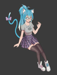 Rule 34 | 1girl, absurdres, ahoge, animal ear fluff, animal ears, asymmetrical footwear, black thighhighs, blue hair, breasts, cat ears, cat girl, cat tail, collarbone, comic, full body, glasses, grey background, heterochromia, highres, kiritzugu, legs, long hair, mismatched footwear, multicolored hair, open mouth, original, ponytail, shoes, simple background, skirt, solo, tail, thighhighs