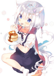 Rule 34 | 1girl, animal ear fluff, animal ears, black skirt, blue eyes, blush, brown scarf, cat ears, cat girl, cat tail, closed mouth, collared shirt, commentary request, food, food on face, fork, hair between eyes, hair bobbles, hair ornament, heart, heart tail, holding, holding fork, holding plate, key hair ornament, long hair, looking at viewer, no shoes, original, pancake, pancake stack, plate, puffy short sleeves, puffy sleeves, scarf, shirt, short sleeves, silver hair, sitting, skirt, socks, soles, solo, suspender skirt, suspenders, tail, utensil in mouth, wariza, white background, white shirt, white socks, yuizaki kazuya