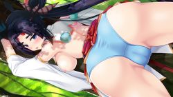 Rule 34 | 1girl, against tree, alternate breast size, ass, asymmetrical hair, back, bare shoulders, bent over, black hair, blue eyes, blue panties, blush, breasts, breasts out, cameltoe, clothes lift, detached sleeves, fate/grand order, fate (series), feather hair ornament, feathers, gloves, hair ornament, hat, large breasts, leaning forward, long hair, looking at viewer, looking back, nipples, no bra, open mouth, outdoors, panties, parted bangs, ponytail, side ponytail, sidelocks, skirt, skirt lift, splush wave, standing, thighs, tree, underwear, ushiwakamaru (fate)