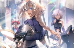 Rule 34 | 3girls, armor, armored dress, black armor, blonde hair, blue eyes, braid, chain, closed mouth, commentary request, fate/grand order, fate (series), flag, gloves, hair between eyes, hair over one eye, hat, headpiece, holding, holding flag, holding shield, holding weapon, jeanne d&#039;arc (fate), jeanne d&#039;arc (ruler) (fate), long hair, looking at viewer, marie antoinette (fate), mash kyrielight, multiple girls, no-kan, open mouth, purple eyes, shield, short hair, single braid, smile, sword, twintails, weapon, white hair