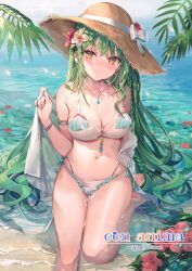 Rule 34 | 1girl, absurdres, armlet, bare shoulders, bikini, blush, bow, bracelet, braid, breasts, brown eyes, cleavage, closed mouth, collarbone, cover, cover page, day, earrings, fingernails, floating, flower, frilled bikini, frills, green hair, hair flower, hair ornament, hand up, hat, hibiscus, highres, holding, jewelry, large breasts, lips, long hair, long sleeves, looking at viewer, momoko (momopoco), nail polish, navel, necklace, off shoulder, original, outdoors, partially submerged, petals, scan, see-through, shiny skin, shirt, simple background, smile, solo, stomach, sun hat, swimsuit, thighs, water, water drop, wet, wet clothes, yukari (momoko)