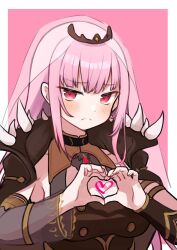 Rule 34 | 1girl, armpits, blush, breasts, collar, frown, heart, heart hands, highres, hololive, hololive english, large breasts, long hair, looking at viewer, mori calliope, mori calliope (1st costume), movivira9, pink background, red eyes, spiked collar, spikes, tiara, veil, virtual youtuber