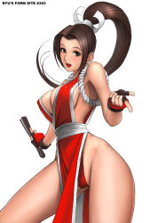 Rule 34 | 1girl, breasts, brown eyes, brown hair, cleavage, folded fan, fatal fury, folding fan, gloves, hand fan, long hair, pelvic curtain, ponytail, revealing clothes, ryu (ryu&#039;s form site), shiranui mai, snk, solo, the king of fighters