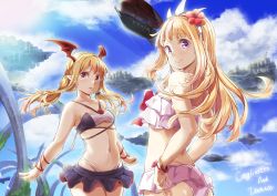 Rule 34 | 10s, 2girls, alternate costume, alternate hairstyle, arched back, ass, bare shoulders, bikini, bikini skirt, black skirt, blonde hair, cagliostro (granblue fantasy), character request, cloud, cloudy sky, commentary request, cowboy shot, day, floating island, frilled bikini, frills, funyariko, granblue fantasy, grancypher, hair between eyes, hairband, halterneck, head wings, highleg, highleg bikini, lips, long hair, looking at viewer, low twintails, midriff, multiple girls, navel, open mouth, outdoors, pink bikini, pointy ears, purple eyes, red eyes, shingeki no bahamut, skirt, sky, smile, swimsuit, twintails, vampy, white bikini, wings