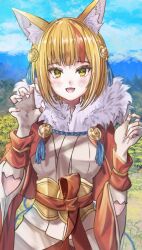 Rule 34 | 1girl, :d, animal ear fluff, animal ears, blonde hair, breasts, fingerless gloves, fire emblem, fire emblem fates, fox ears, fox girl, fur collar, fuussu (21-kazin), gloves, hair ornament, hands up, jacket, japanese clothes, kimono, looking at viewer, medium breasts, multicolored hair, nintendo, open clothes, open jacket, open mouth, orange hair, red jacket, selkie (fire emblem), short hair, smile, solo, streaked hair, tassel, two-tone hair, white gloves, white kimono, yellow eyes