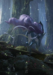 Rule 34 | creatures (company), day, forest, from behind, full body, game freak, gen 2 pokemon, highres, japanese text, legendary pokemon, moss, nature, nintendo, no humans, outdoors, petals, pokemon, pokemon (creature), rounin (amuza), scenery, solo, standing, suicune, translation request, tree