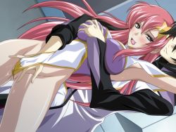 Rule 34 | 00s, 1boy, 1girl, arm up, armpits, blush, grabbing another&#039;s breast, breasts, fingering, gilbert durandal, grabbing, gundam, gundam seed, gundam seed destiny, hetero, large breasts, leotard, meer campbell, open mouth, pink hair, pussy juice, soul foundation, spread legs, takapiko, tongue, tongue out, torogao