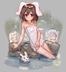 Rule 34 | 4girls, :3, animal ears, arm up, black hair, blue innertube, blush, carrot print, closed eyes, closed mouth, commentary, english commentary, expressionless, feet out of frame, flat chest, floppy ears, food print, highres, houraisan kaguya, inaba mob (touhou), inaba tewi, leaning back, looking at viewer, medium bangs, multiple girls, naked towel, onsen, pink hair, rabbit, rabbit ears, rabbit girl, red eyes, reisen udongein inaba, rock, short hair, smile, solo focus, steam, tlobtr, touhou, towel, towel on head, white hair, yagokoro eirin