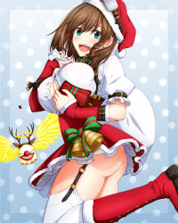 Rule 34 | 1girl, aqua eyes, ass, bell, blue eyes, blush, boots, box, braid, breasts, brown hair, charlotte corday (fate), cross-laced footwear, detached sleeves, fate/grand order, fate (series), fur-trimmed headwear, fur trim, gift, gift box, hasebe akira, hat, jingle bell, lace-up boots, large breasts, looking at viewer, open mouth, puffy short sleeves, puffy sleeves, red skirt, sack, santa hat, shirt, short hair, short sleeves, side braid, skirt, smile, thighhighs, white shirt, white thighhighs