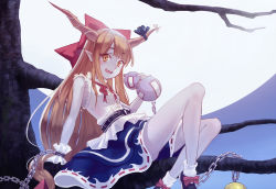 Rule 34 | 1girl, arm support, bai banca, ball and chain restraint, belt, blouse, bow, bowtie, branch, frills, full moon, gourd, hair bow, horn ornament, horn ribbon, horns, ibuki suika, in tree, long hair, looking at viewer, low-tied long hair, matching hair/eyes, moon, night, open mouth, orange eyes, orange hair, ribbon, shirt, shoes, sitting, sitting in tree, skirt, socks, solo, touhou, tree, very long hair, wrist cuffs