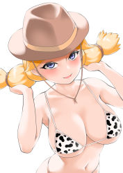 Rule 34 | 1girl, absurdres, animal print, bikini, blonde hair, blue eyes, blush, breasts, cleavage, collarbone, cow print, cowboy hat, cowgirl (pokemon), cowgirl (western), creatures (company), game freak, hair lift, hair tie, hands up, hat, highres, large breasts, looking at viewer, micro bikini, navel, nintendo, open mouth, pokemon, pokemon dppt, simple background, skindentation, smile, solo, swimsuit, toba tsutsumi, twintails, upper body, white background