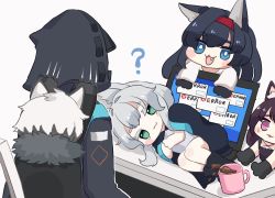 Rule 34 | 1boy, 1other, 3girls, :3, :d, ?, animal ears, animal hands, arknights, black cape, black footwear, black gloves, black hair, black jacket, blaze (arknights), blue eyes, boots, brown background, cape, cat ears, chibi, closed mouth, colored eyelashes, commentary request, computer, cup, doctor (arknights), error message, fang, fur-trimmed cape, fur trim, gloves, green eyes, grey hair, hairband, hood, hood up, hooded jacket, jacket, laptop, lying, melantha (arknights), mini person, minigirl, mug, multiple girls, on side, open clothes, open jacket, open mouth, parted lips, paw gloves, purple eyes, purple hair, red hairband, rosmontis (arknights), shirt, shoe soles, silverash (arknights), simple background, smile, someyaya, sweat, thick eyebrows, white jacket, white shirt