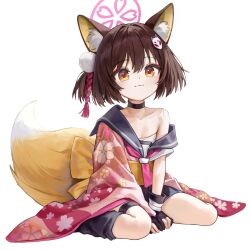 Rule 34 | 1girl, aged down, animal ear fluff, animal ears, black choker, black gloves, black sailor collar, blue archive, brown eyes, brown hair, child, choker, commentary request, fingerless gloves, flat chest, floral print, fox ears, fox girl, fox tail, gloves, halo, highres, izuna (blue archive), japanese clothes, kimono, looking at viewer, nanairo (kim0116v), partially fingerless gloves, pink halo, pink kimono, print kimono, sailor collar, school uniform, serafuku, simple background, single bare shoulder, sitting, smile, solo, tail, white background