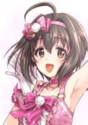 Rule 34 | 1girl, :d, ahoge, arm up, armpits, black hair, bow, brown eyes, choker, commentary, dress, gloves, hair bow, hairband, heart, highres, idol, idolmaster, idolmaster cinderella girls, jewelry, kohinata miho, kuroi mimei, light particles, looking at viewer, necklace, open mouth, pink bow, pink choker, pink dress, pink hairband, short hair, simple background, smile, solo, upper body, white background, white gloves