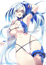 Rule 34 | 1girl, bare shoulders, bikini, blue eyes, blush, breasts, brynhildr (fate), brynhildr (swimsuit berserker) (fate), brynhildr (swimsuit berserker) (first ascension) (fate), cleavage, collarbone, fate/grand order, fate (series), glasses, highres, large breasts, long hair, looking at viewer, navel, open mouth, puuzaki puuna, side ponytail, silver hair, simple background, smile, swimsuit, very long hair, white background, white bikini
