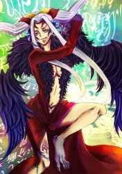 Rule 34 | 1990s (style), 1girl, breasts, claws, cleavage, dress, earrings, female focus, final fantasy, final fantasy viii, gradient background, jewelry, long hair, midriff, purple eyes, retro artstyle, silver hair, solo, tattoo, ultimecia, very long hair, wings, zero main